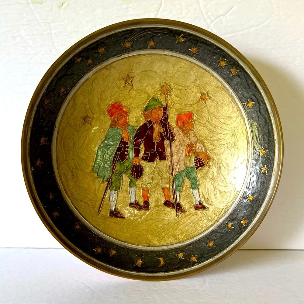 VTG Made in India Enameled Brass Bowl Fruit Bowl Decor Celestial Boho 9.25